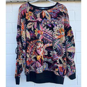 Eva Franco Boho Floral Paisley Ruched-Sleeve Sweatshirt, M, Made in USA